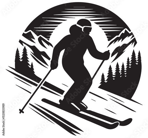 Vintage Black White Silhouette Skier Skiing Down Snowy Mountain Slope Graphic Illustration Winter Sport