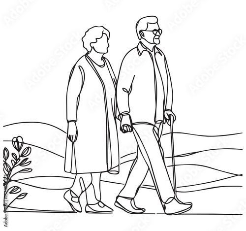 Black White Continuous Line Art Elderly Couple Walking Outdoors Nature Scene with Cane Simple Drawing