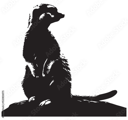 Black and White Meerkat Silhouette Standing Upright Wildlife Graphic Illustration