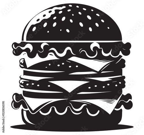 Giant Stacked Burger Black and White Illustration - Classic Fast Food Vector Art with Cheese and Sauce