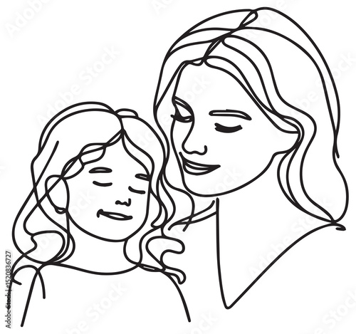 Minimalist Black and White Line Art Drawing of Mother and Daughter Portrait