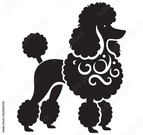 Elegant Black Poodle Dog Silhouette with Decorative Swirls Stylized Animal Illustration Vector Graphic