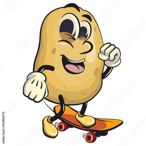 cute cartoon potato mascot vector playing skateboard, happy smiling character isolated on transparent background, work of hand drawn