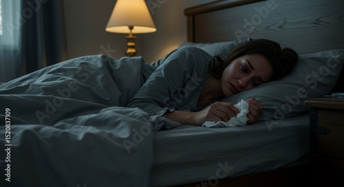 Woman Lying in Bed Crying Holding Tissue Feeling Sad