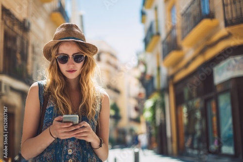 Beautiful young woman tourist sightseeing and using smartphone in a sunny city, enjoying the excitement of summer travel and exploring new urban environments.