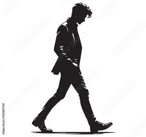 Black Silhouette Man Walking Looking Down Graphic Vector Style