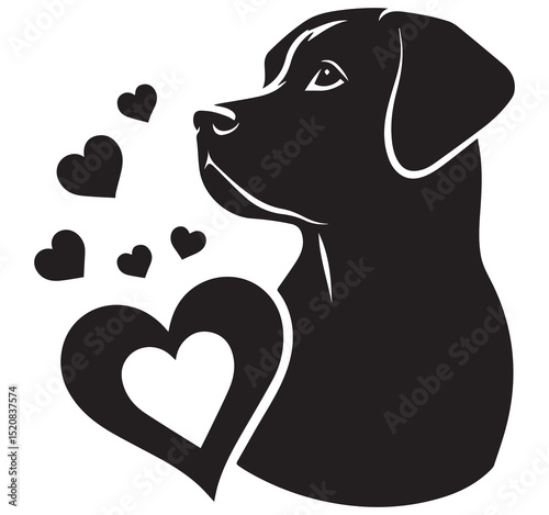 Black Silhouette Dog Profile with Floating Hearts Graphic Design Symbolizing Pet Love Affection and Loyalty Vector Art Illustration