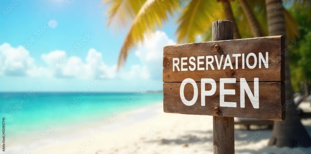 Fototapeta premium A rustic wooden sign points towards a sun-drenched beach, announcing summer reservations are open Perfect for travel and vacation websites or brochures promoting summer getaways , destination, calm