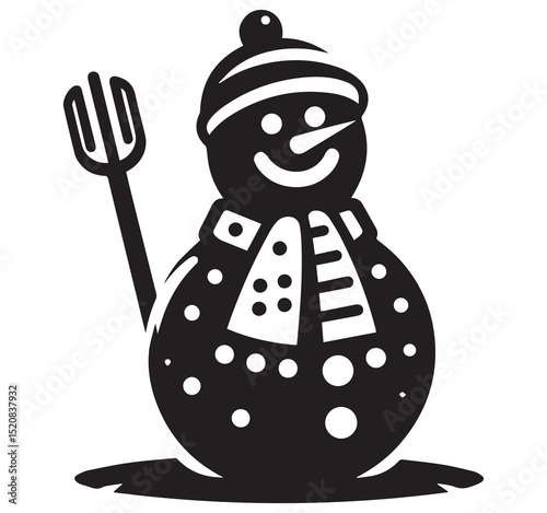 Simple Graphic Black and White Snowman Illustration with Hat Scarf Pitchfork and Melting Base Winter Art