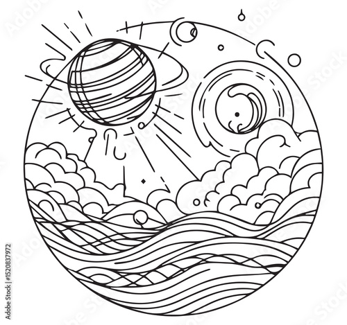 Minimalist Abstract Celestial Nature Line Art Circle with Planet Sun Waves Clouds