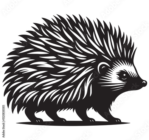 Black and White Stylized Graphic Illustration of a Hedgehog with Sharp Spiky Quills