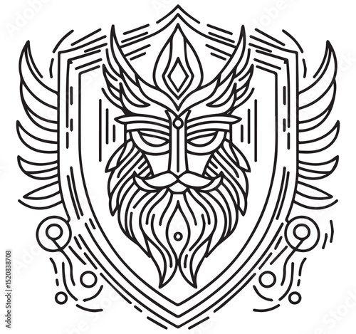 Intricate Stylized Black and White Viking Warrior Head Logo Emblem with Winged Helmet and Beard Geometric Line Art on Shield