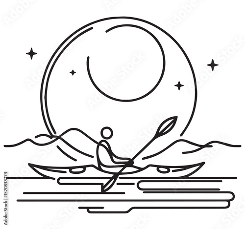 Minimalist Line Art Kayaker on Water at Night Under Moon and Stars with Mountains