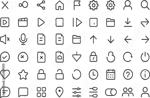Collection of Minimalist Line Icons UI Elements, Multimedia, and More