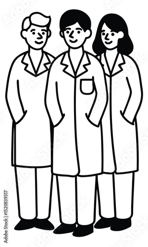 Three scientists standing together, wearing lab coats, representing teamwork and collaboration in research. 
