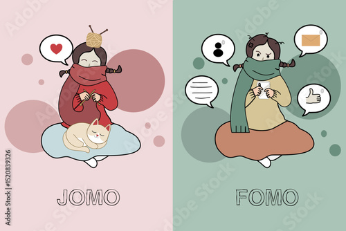 FOMO and JOMO Mood Illustration – Anxious Woman with Phone vs Calm Woman Knitting with Cat – Emotional State, Digital Detox, Mental Health Concept