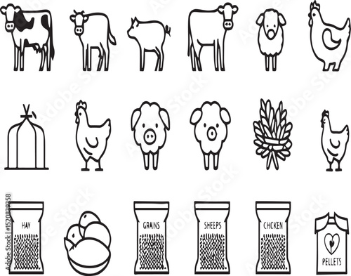 Minimalistic icons of farm animals and animal feed line icons 