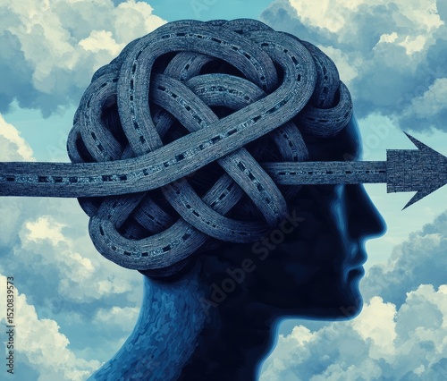 An illustration of an arrow pointing to the right, wrapped around and pulling on two interwoven road patterns that form one human head silhouette.