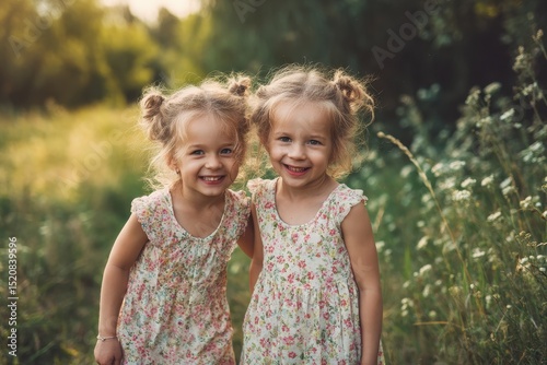 Two little happy twin girls playing together outdoors in summer nature, enjoying childhood friendship, active fun, and the carefree lifestyle of youth in a warm and sunny environment