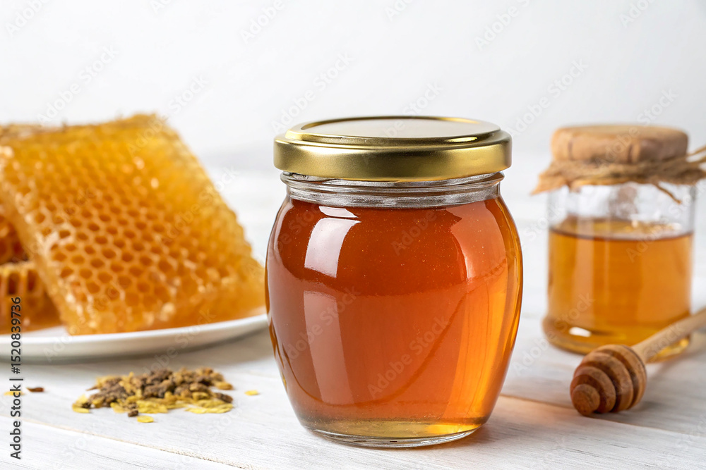 Clear glass jar with golden lid filled with amber honey on white background Clear glass jar with golden lid filled with amber honey on white background