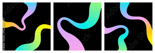Set of square background with abstract 3d rainbow curve smooth line, neon gradient. Web banner with empty text box, swirled dynamic liquid colored ribbon shape on black. Vector EPS10
