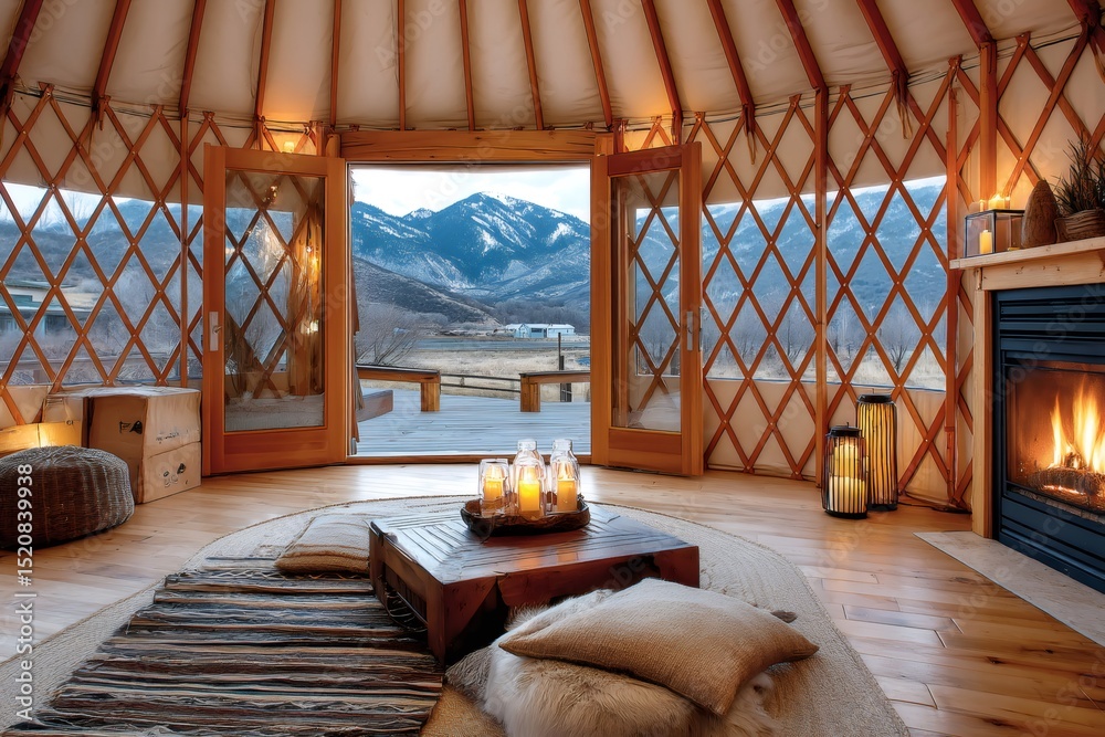 Obraz premium Cozy yurt interior with burning fireplace and mountain view