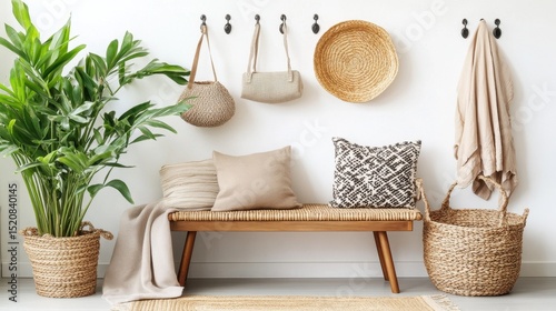 A stylish entryway with a bench, woven basket, and hanging hooks with neatly arranged items