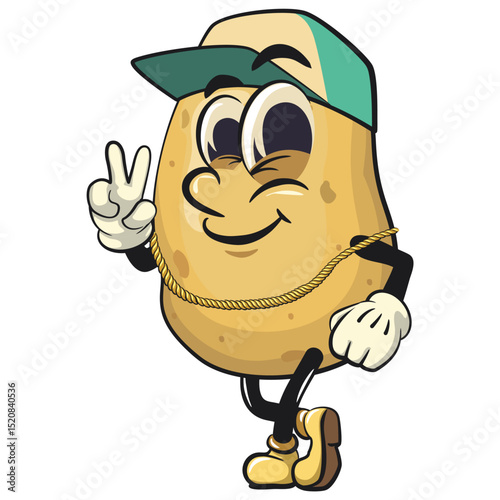 cute cartoon potato mascot vector wearing a hip-hop style hat and wearing a sparkling gold necklace, happy smiling character isolated on transparent background, work of hand drawn