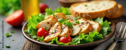 A vibrant and healthy lunch spread featuring fresh salad, grilled chicken, and crusty bread, perfect for a light yet satisfying midday meal , wooden, delicious, dining