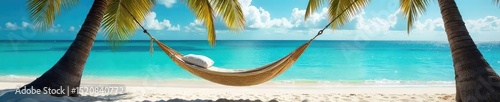 Wallpaper Mural A tranquil scene of a hammock gently swaying between two palm trees on a pristine beach, turquoise water lapping the shore Perfect for relaxation and escape , leisure, rest Torontodigital.ca