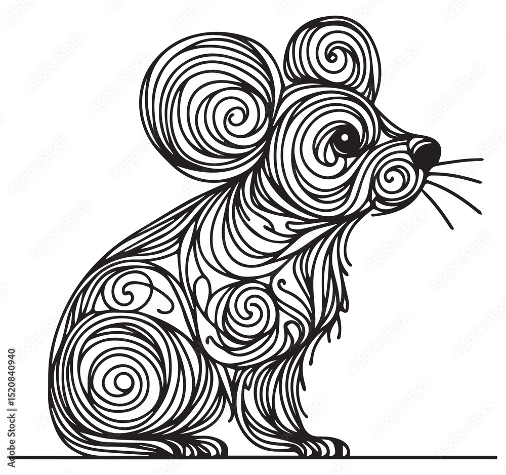 Detailed Intricate Swirl Pattern Zentangle Style Black and White Mouse Drawing Artistic Animal Illustration Artwork
