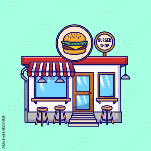 Flat Vector Illustration of a Cute Burger Shop