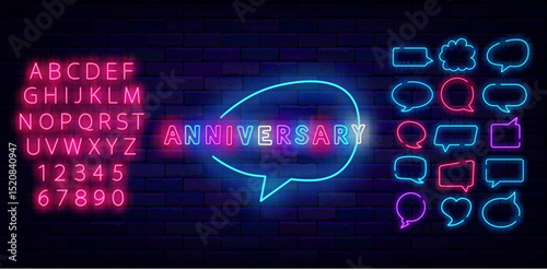 Anniversary neon label. Colorful handwritten text. Glowing pink alphabet. Vector stock illustration
