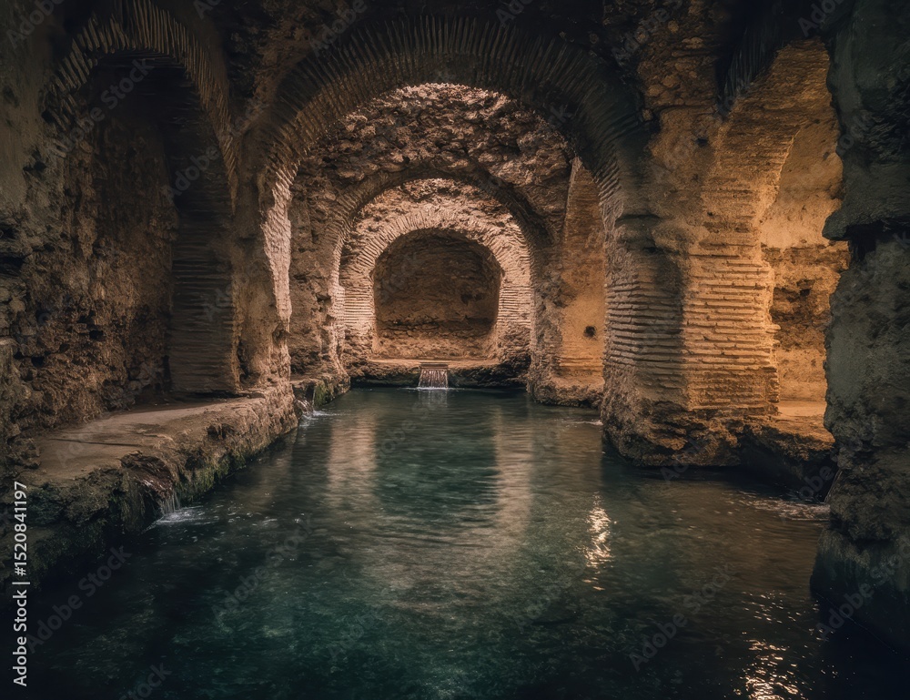 Obraz premium Dark, subterranean chamber with arched stone walls, a calm pool, and trickling water
