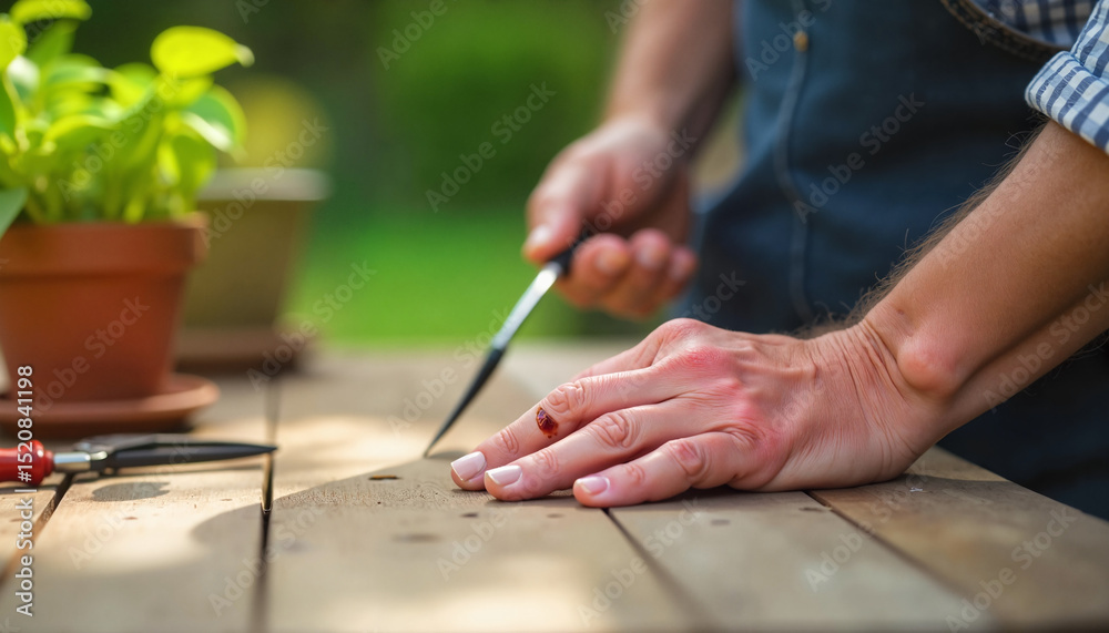 Obraz premium Hands of gardener preparing potted plant on table outdoors 