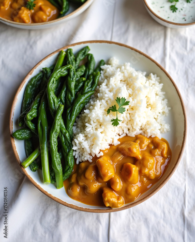 Vibrant Ayurvedic lunch for child balancing Pitta dosha with basmati rice, steamed greens, coconut curry, cucumber raita, eco-friendly plates on white linen under soft natural light photo