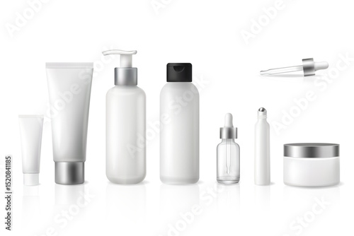 Realistic vector mockup of white cosmetic packaging set