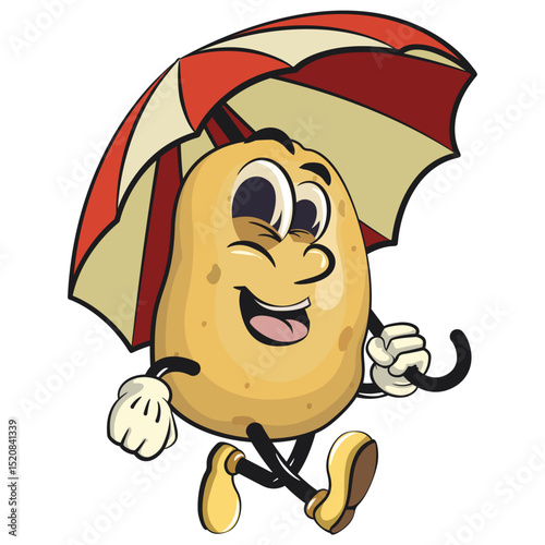 cute cartoon potato mascot vector walking with an umbrella, happy smiling character isolated on transparent background, work of hand drawn