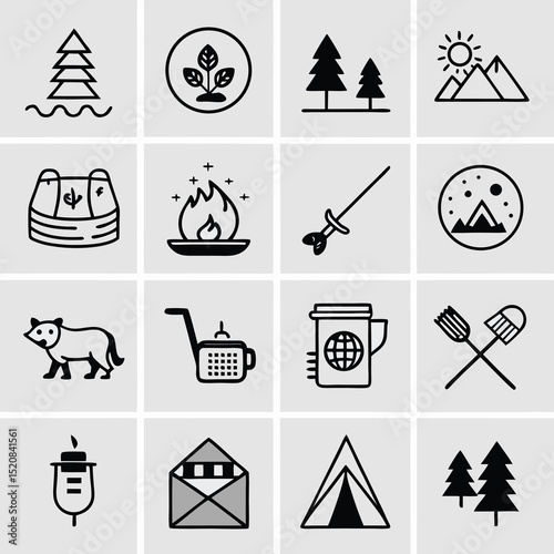 A collection of sixteen black and white minimalist nature and camping icons