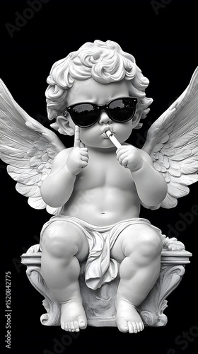 Statue of a cherubic figure, seated, with wings and sunglasses.