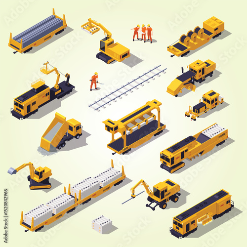 Isometric set of railroad track laying equipment vehicles construction materials and workers isolated 3d vector illustration