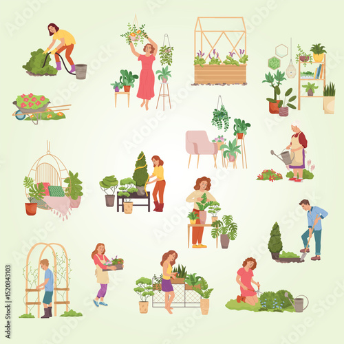 Home gardening set with flat compositions of gardening people with plants flower pots on blank background vector illustration