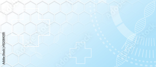 Medical concept background. Gene and Plus Sign with hexagon grid on light blue background