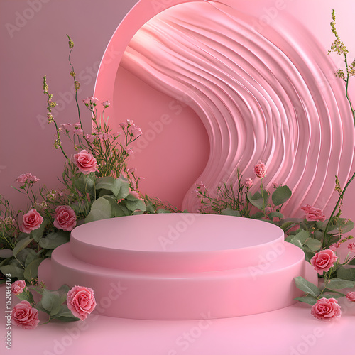 A pink podium with roses and greenery, featuring an abstract wave design in the background.