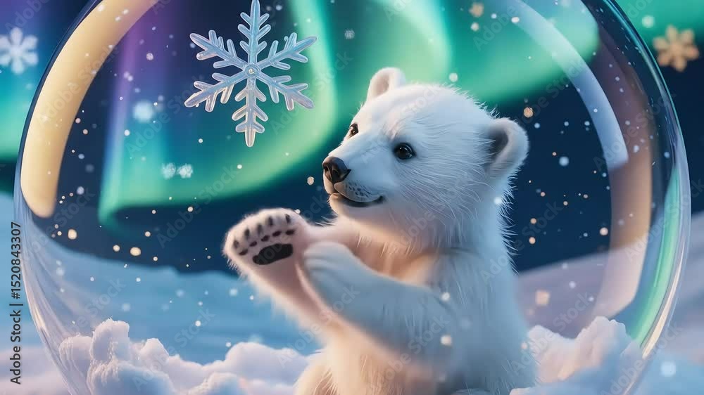 Cute baby bear playing and enjoying in the winter snow in the snow globe scene