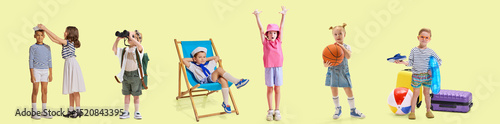 Foto Group of children dressed for summer playing basketball, relaxing, or pretending to be sailors against pastel yellow background