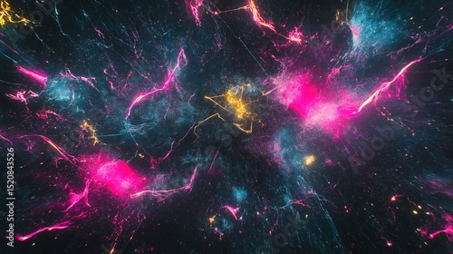 Vibrant abstract cosmic background with glowing pink and blue energy streaks, light trails