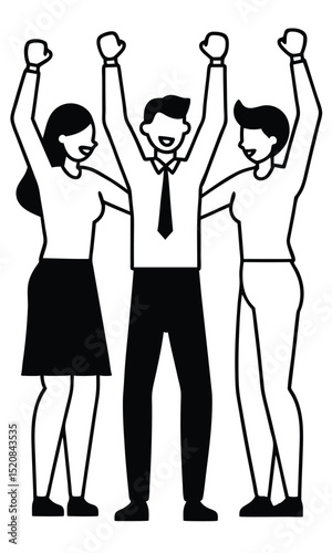 Illustration of a team of business people celebrating success with arms raised, stylized in black and white