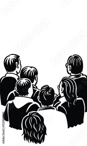 a crowd of people watching a scene from their backs, captured in a minimalistic drawing style. They look upwards, presumably at something of interest. Their backs are turned toward the viewer.