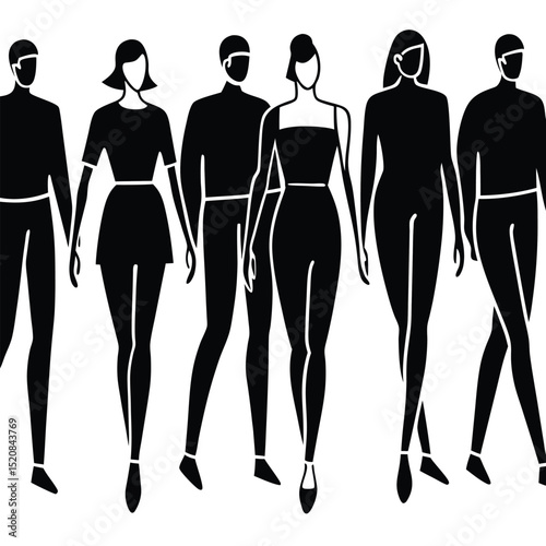 fashion silhouettes of a diverse group of individuals, showcasing unique styles and poses